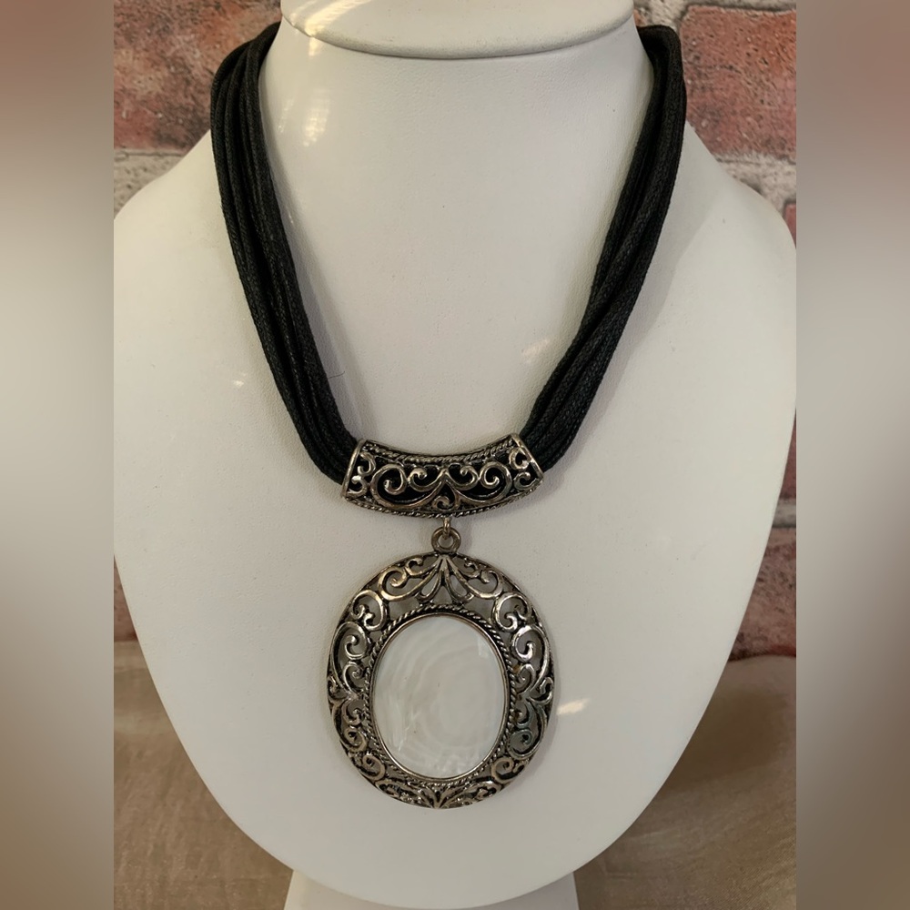 Silver and Black Ethnic Statement Pendant Necklace